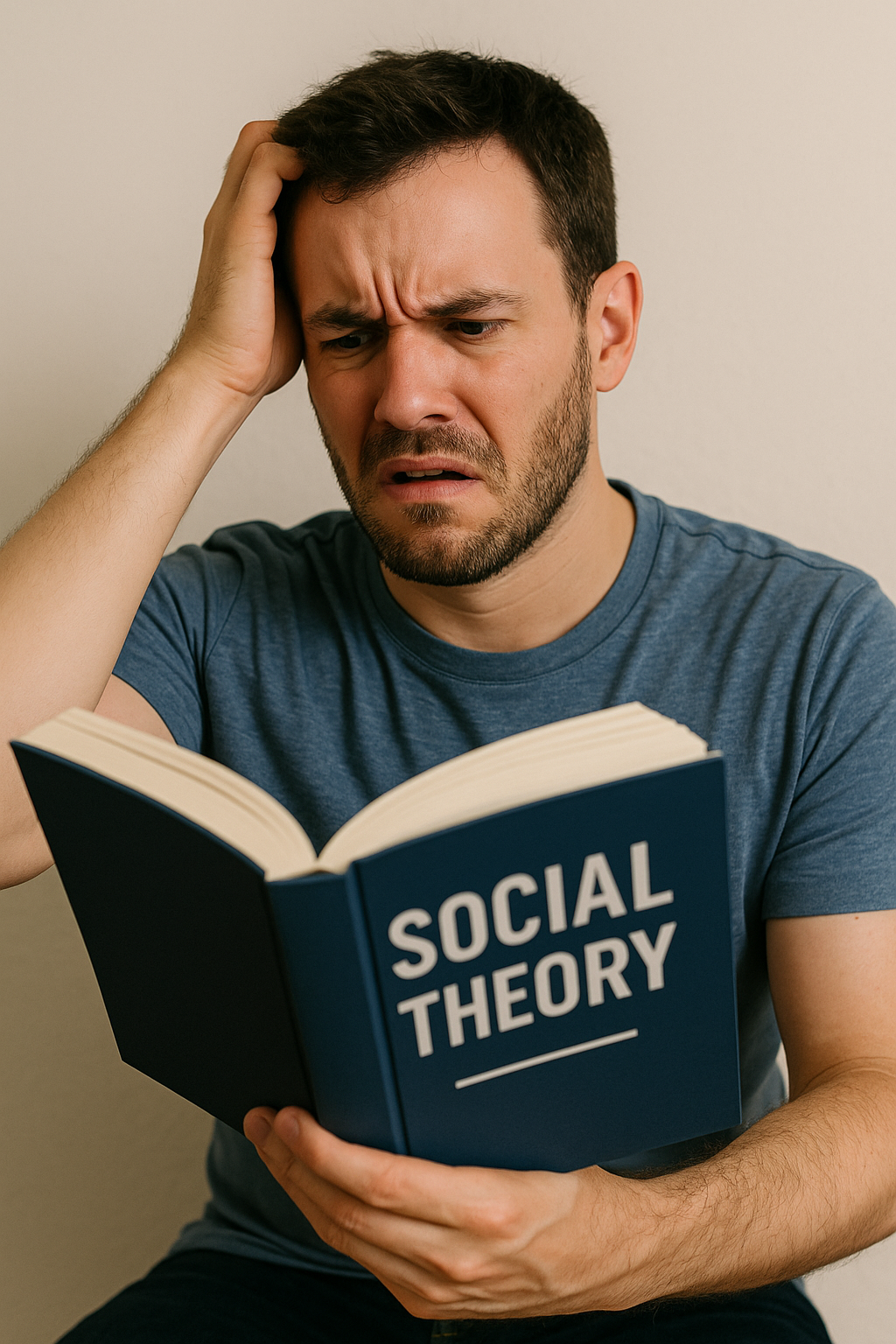 Hombre frustrado mirando libro de teoría social